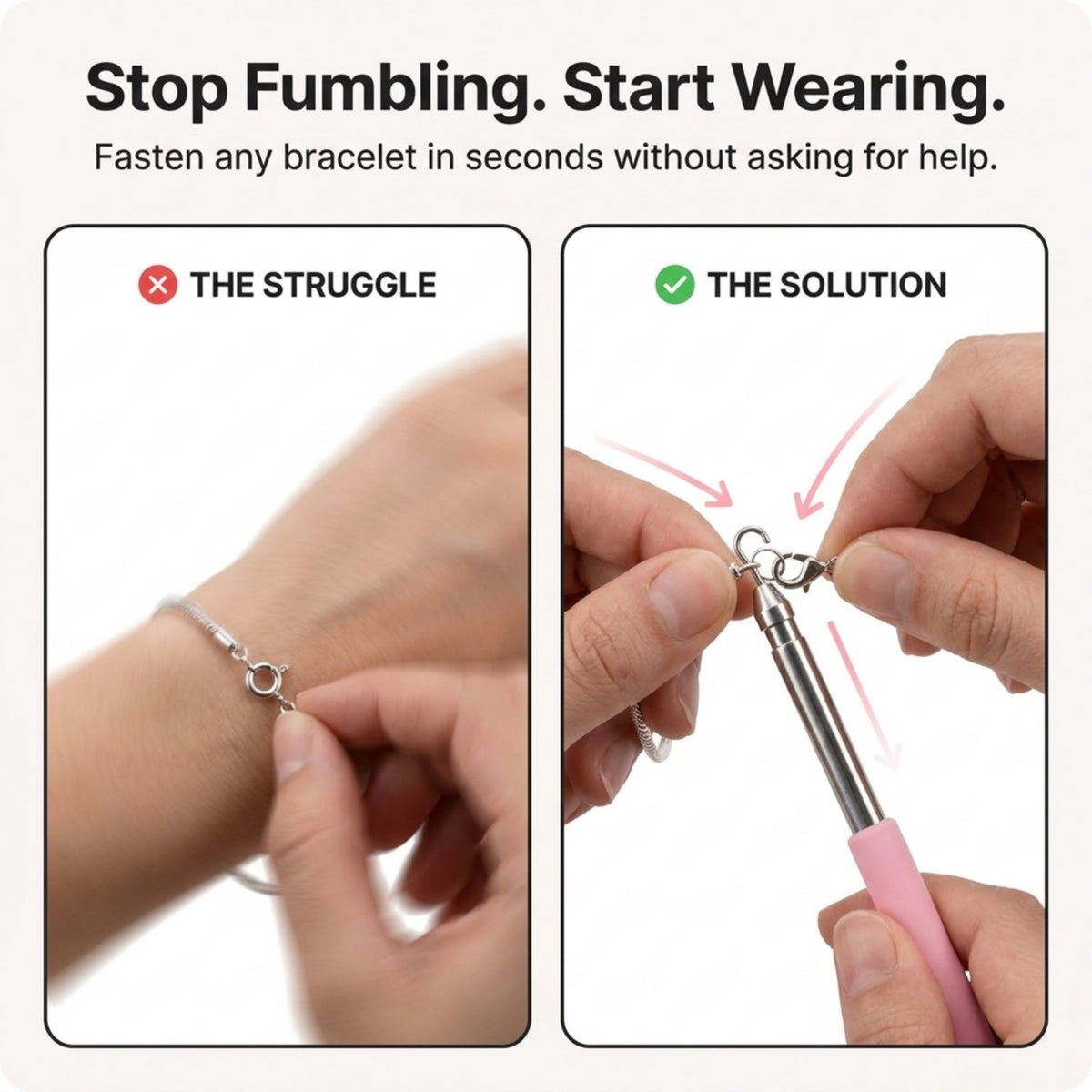 Charm Opener Retractable Jewelry Helper Hook, Purple, Bracelet Clasp Aid Put on your bracelet by yourself: retractable hook holds any lobster clasp ring steady so you can close it alone. Helper Collection
