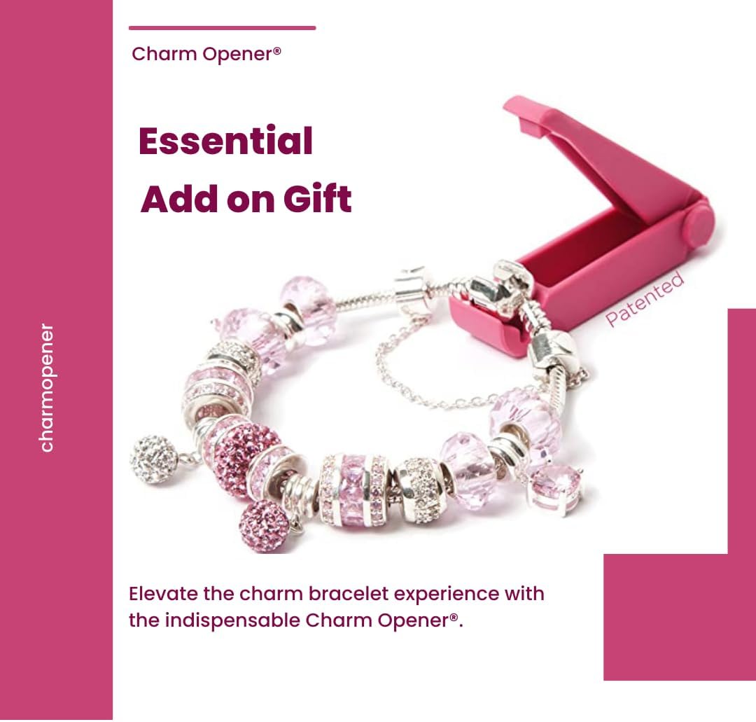 Charm Opener Pink European Charm Bracelet Tool, Barrel Clasp, Clip Beads Patented clasp opener for European charm bracelets: opens barrel clasps, clip beads, and safety chains precisely.