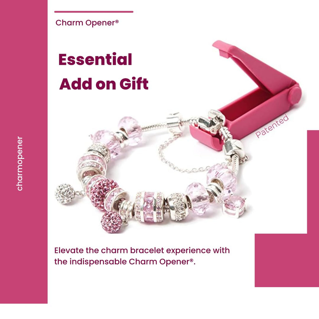 Charm Opener Pink European Charm Bracelet Tool, Barrel Clasp, Clip Beads Patented clasp opener for European charm bracelets: opens barrel clasps, clip beads, and safety chains precisely.
