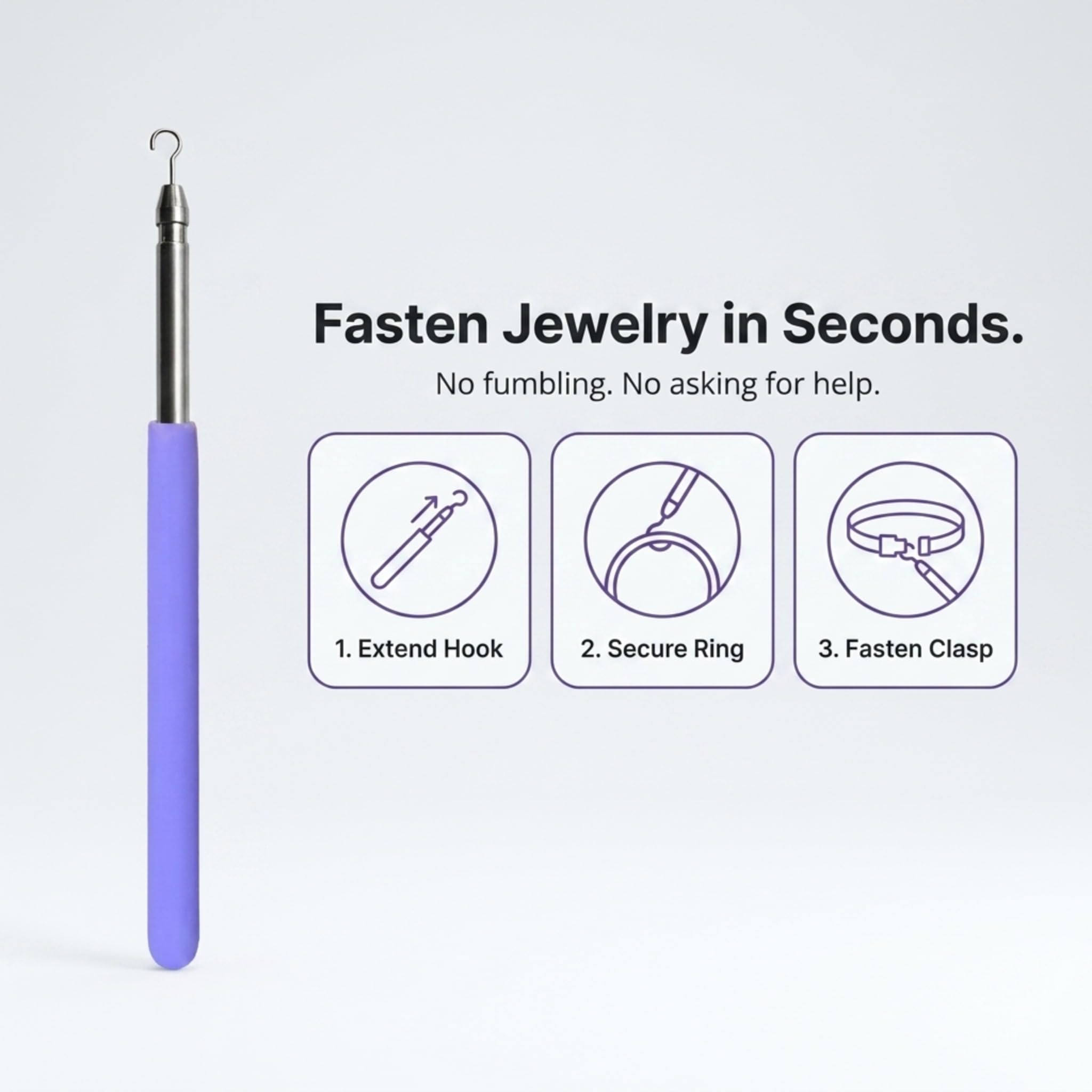 Charm Opener Retractable Jewelry Helper Hook, Purple, Bracelet Clasp Aid Put on your bracelet by yourself: retractable hook holds any lobster clasp ring steady so you can close it alone.