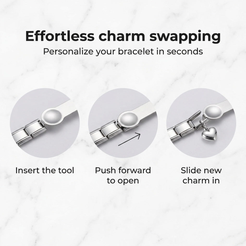 Charm Opener Italian Charm Bracelet Thumb Tool x2, Silver, 9mm Modular 3-piece set: Italian charm link opener and two retractable clasp hooks for bracelets, necklaces, and zippers, no help needed.