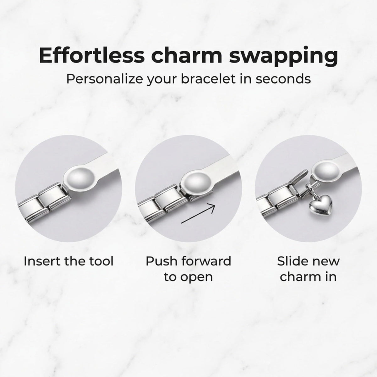 Charm Opener Italian Charm Bracelet Thumb Tool x2, Silver, 9mm Modular 3-piece set: Italian charm link opener and two retractable clasp hooks for bracelets, necklaces, and zippers, no help needed.