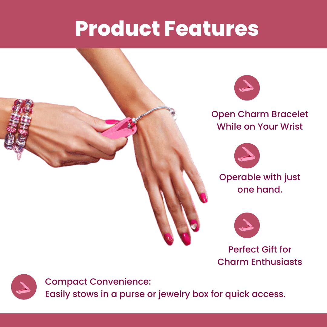 Charm Opener Pink European Charm Bracelet Tool, Barrel Clasp, Clip Beads Patented clasp opener for European charm bracelets: opens barrel clasps, clip beads, and safety chains precisely.