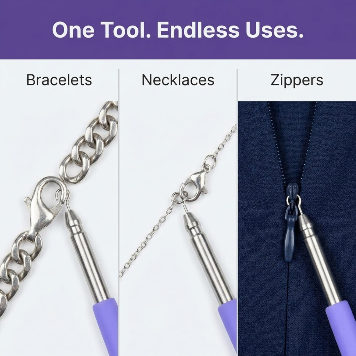 Charm Opener Retractable Jewelry Helper Hook, Purple, Bracelet Clasp Aid Put on your bracelet by yourself: retractable hook holds any lobster clasp ring steady so you can close it alone.