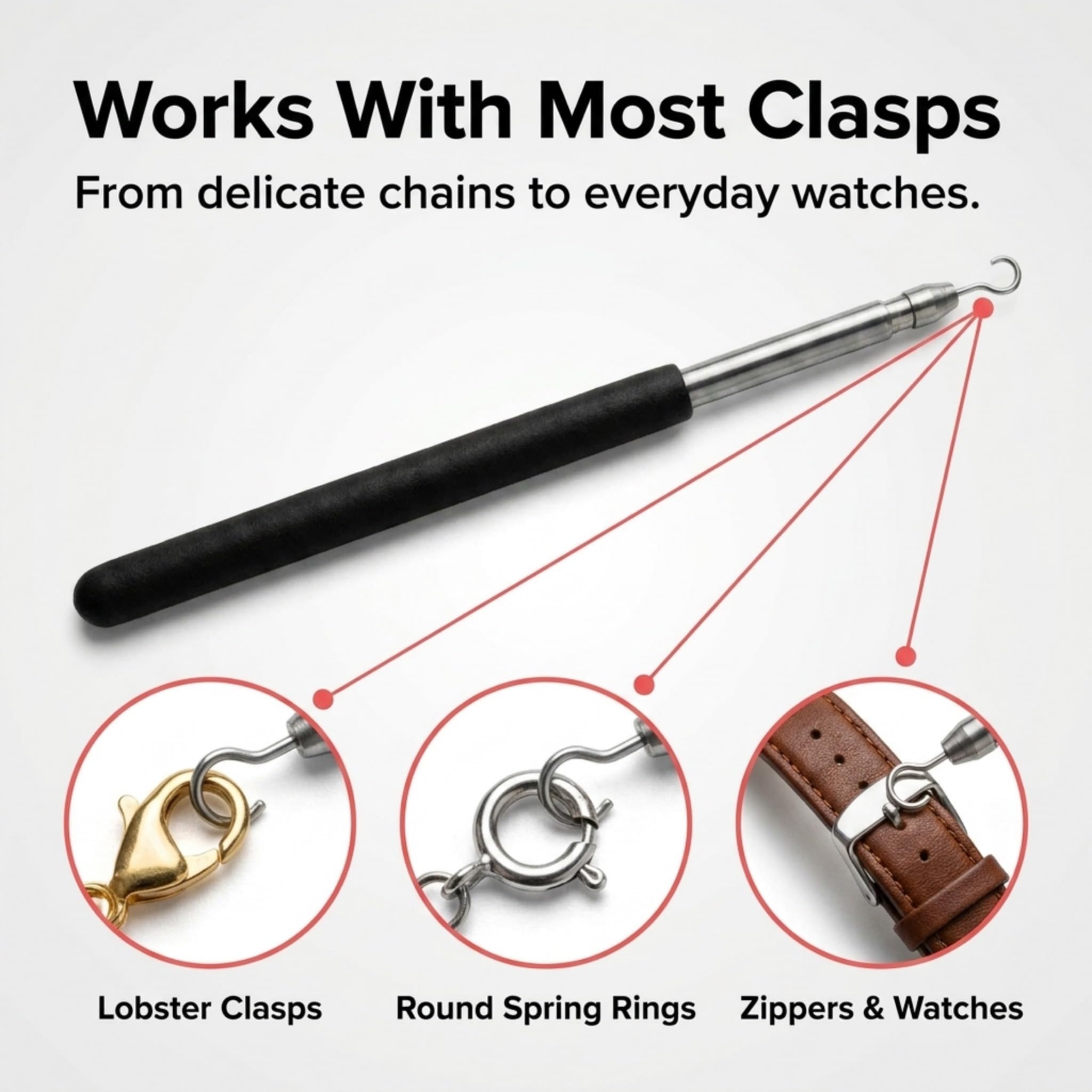 Charm Opener Retractable Jewelry Helper Hook, Black, Bracelet Clasp Aid Put on your bracelet by yourself: retractable hook holds any lobster clasp ring steady so you can close it alone.