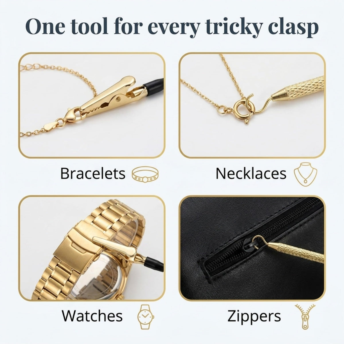 Charm Opener Jewelry Helper Hook and Bracelet Fastener Clip, Set of 2, Rose Put on your bracelet by yourself: jewelry helper hook and bracelet fastener clip, 2-piece set for lobster clasps.