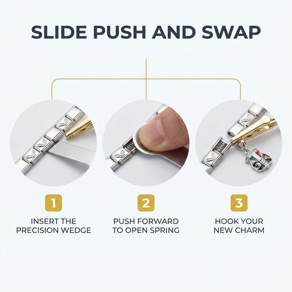 Charm Opener Italian Charm Bracelet Thumb Tool x2, Gold, Modular Links 3-piece set: Italian charm link opener and two retractable clasp hooks for bracelets, necklaces, and zippers, no help needed.