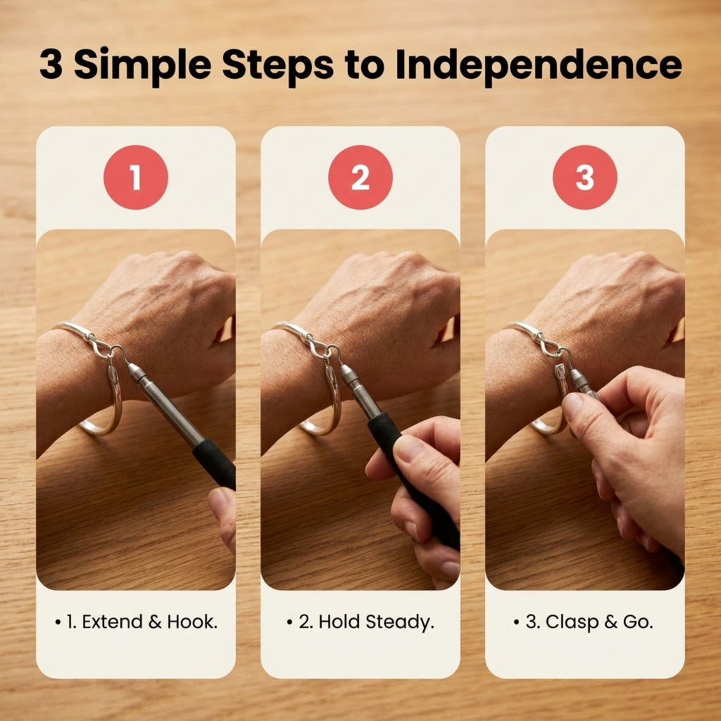 Charm Opener Retractable Jewelry Helper Hook, Purple, Bracelet Clasp Aid Put on your bracelet by yourself: retractable hook holds any lobster clasp ring steady so you can close it alone.