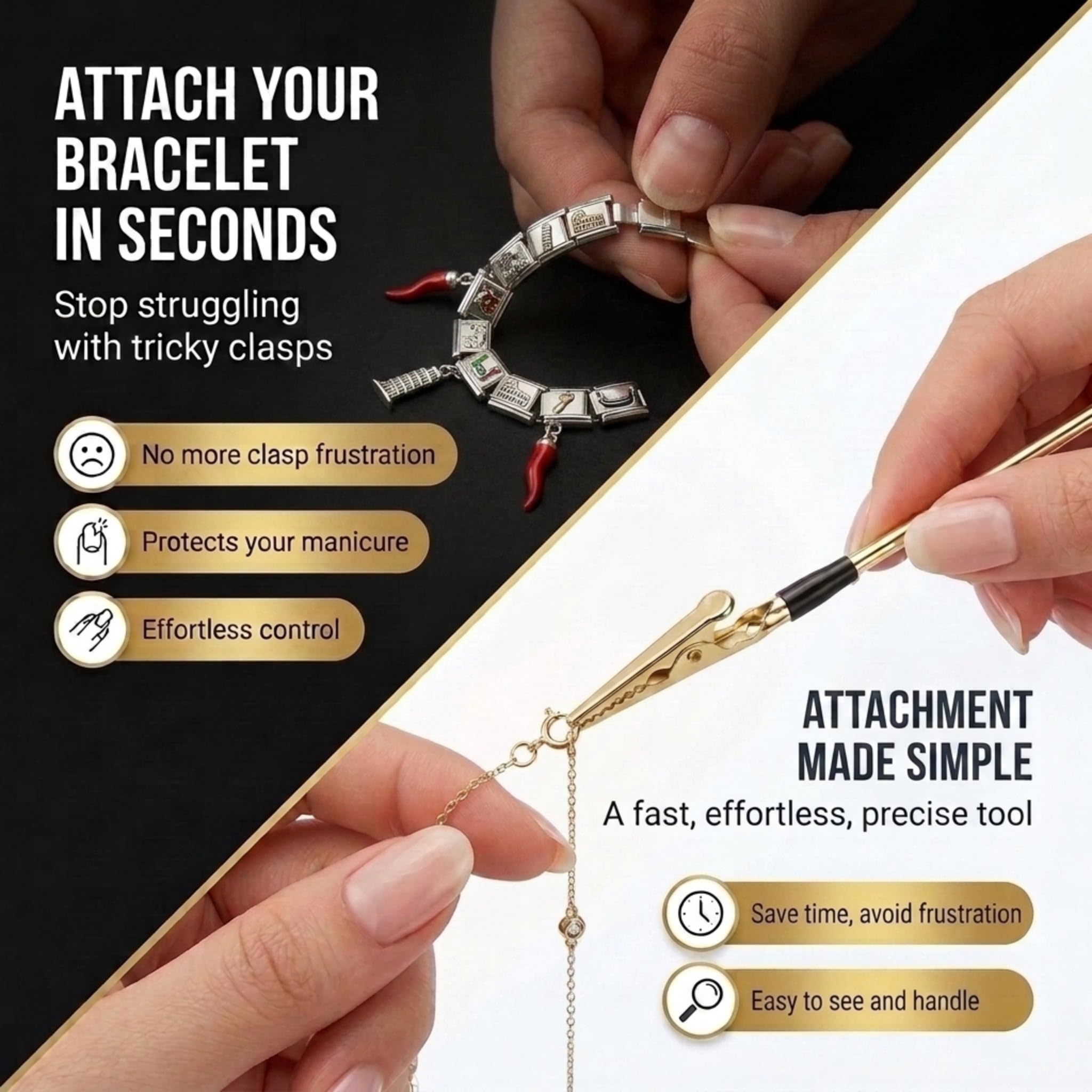 Charm Opener Italian Charm Bracelet Thumb Tool x2, Gold, Modular Links 3-piece set: Italian charm link opener and two retractable clasp hooks for bracelets, necklaces, and zippers, no help needed.