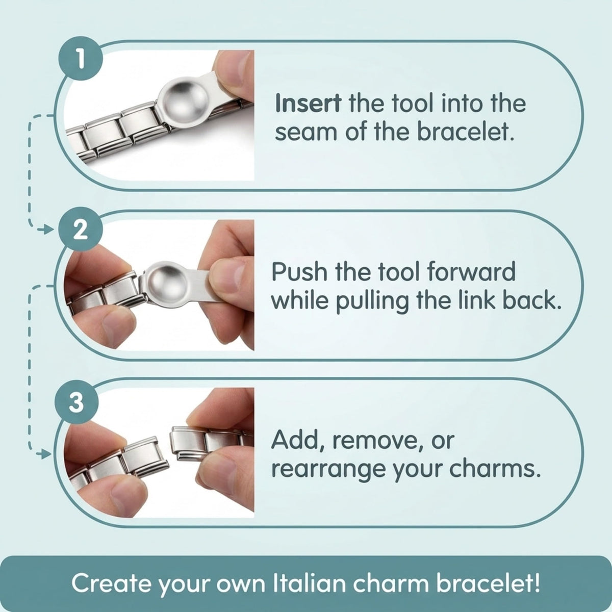 Charm Opener Italian Charm Bracelet Tool, Set of 2, Thumb and Square 9mm Italian charm bracelet tool set: opens 9mm modular links to add, remove, or rearrange charms without sore thumbs.