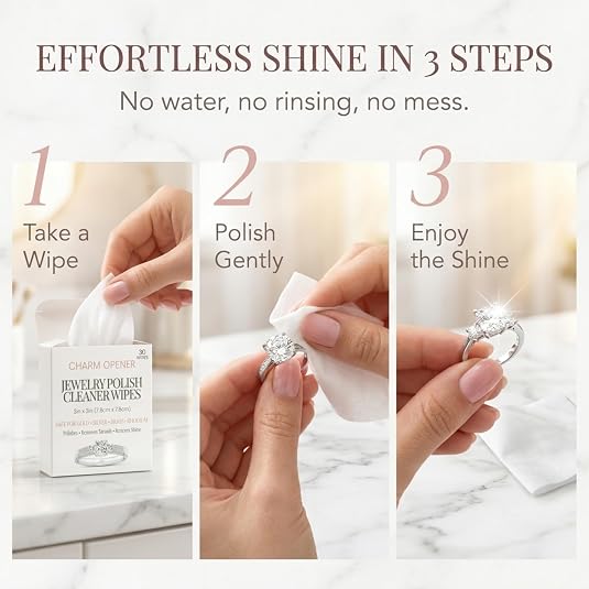 Jewelry Polish Cleaner Wipes 30 Count - 3x3 Inch Pre-Moistened Polishing Cloths for Gold, Silver, Brass and Rhodium - Removes Tarnish and Restores Shine