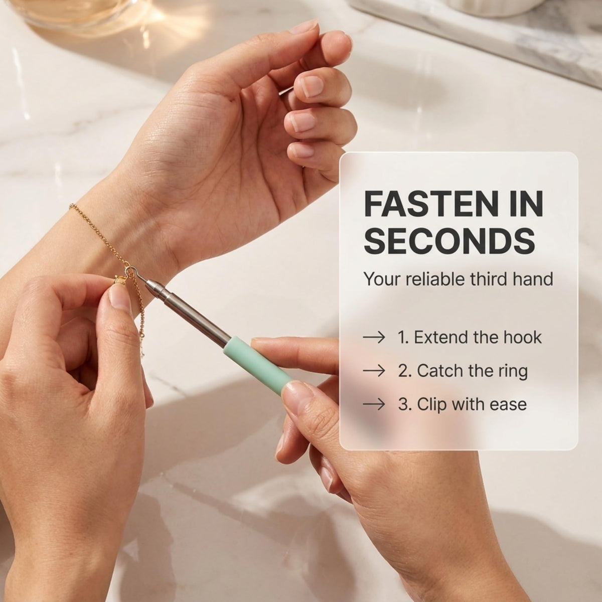 Charm Opener Retractable Jewelry Helper Hook, Purple, Bracelet Clasp Aid Put on your bracelet by yourself: retractable hook holds any lobster clasp ring steady so you can close it alone.