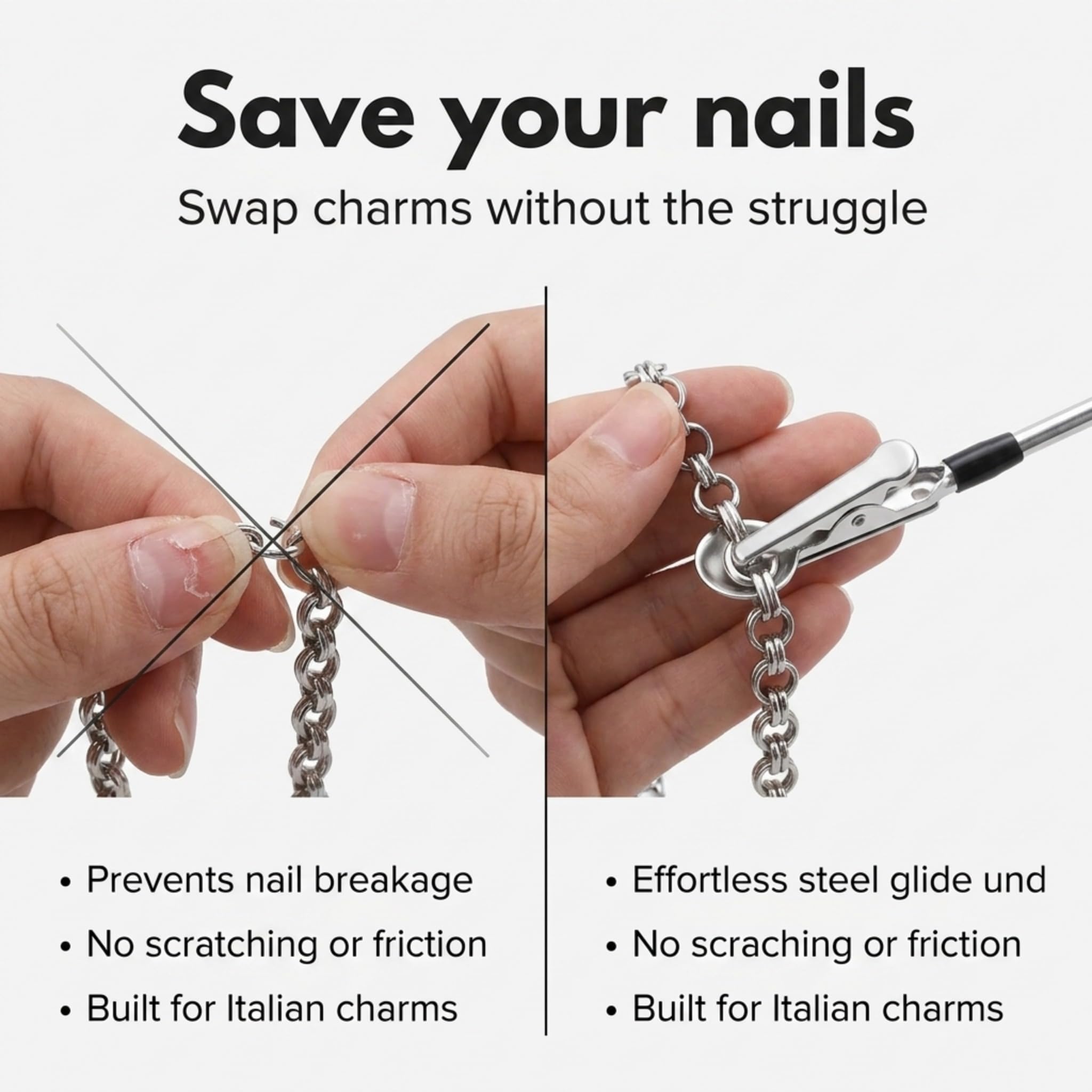 Charm Opener Italian Charm Bracelet Thumb Tool x2, Silver, 9mm Modular 3-piece set: Italian charm link opener and two retractable clasp hooks for bracelets, necklaces, and zippers, no help needed.