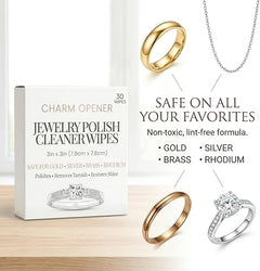 Charm Opener Jewelry Polish Dry Pads 30 Count, 3x3 in, Gold Silver Rhodium Pre-moistened polish wipes for gold, silver, brass, and rhodium jewelry: lifts tarnish and restores shine in seconds.