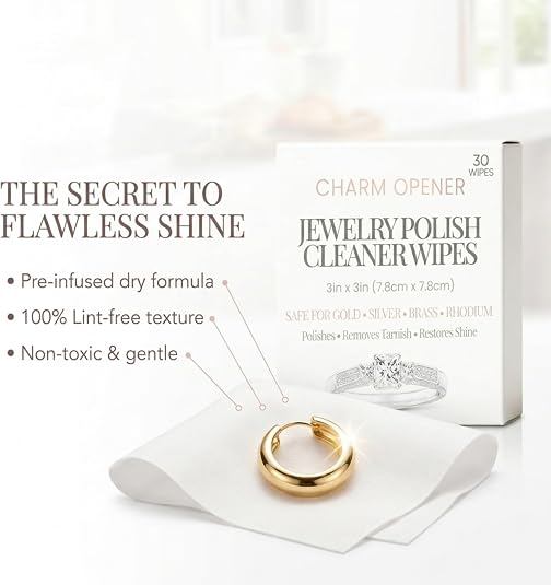 Jewelry Polish Cleaner Wipes 30 Count - 3x3 Inch Pre-Moistened Polishing Cloths for Gold, Silver, Brass and Rhodium - Removes Tarnish and Restores Shine