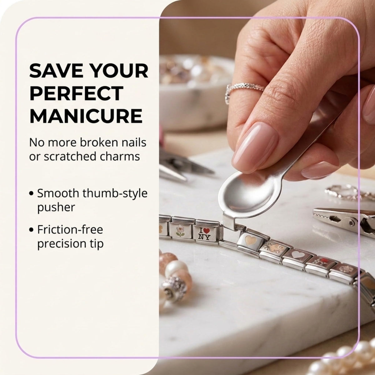 Charm Opener Italian Charm Bracelet Thumb Tool x2, Silver, 9mm Modular 3-piece set: Italian charm link opener and two retractable clasp hooks for bracelets, necklaces, and zippers, no help needed.