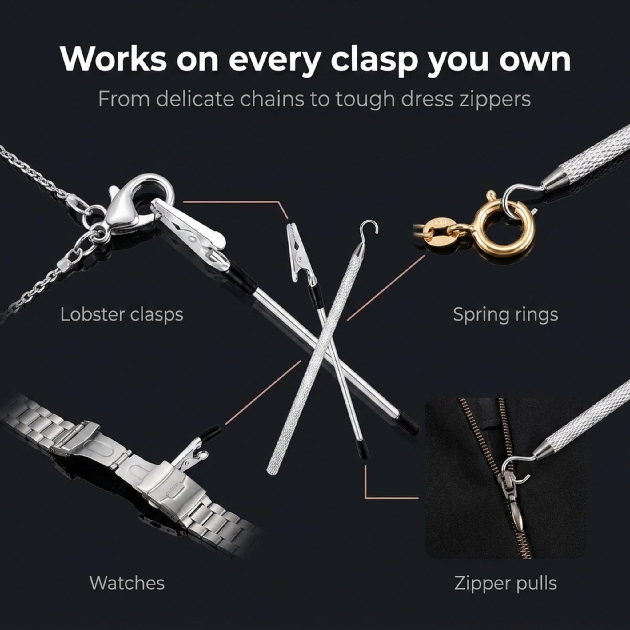 Charm Opener Jewelry Helper Hook and Bracelet Fastener Clip, Silver, Women Put on your bracelet by yourself: jewelry helper hook and bracelet fastener clip, 2-piece set for lobster clasps.