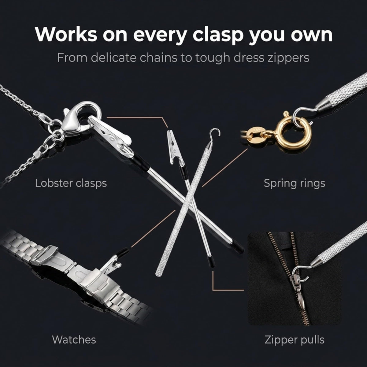 Charm Opener Jewelry Helper Hook and Bracelet Fastener Clip, Set of 2, Rose Put on your bracelet by yourself: jewelry helper hook and bracelet fastener clip, 2-piece set for lobster clasps.