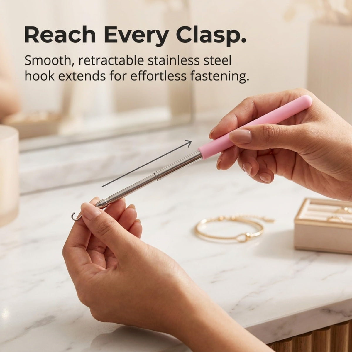 Charm Opener Retractable Jewelry Helper Hook, Purple, Bracelet Clasp Aid Put on your bracelet by yourself: retractable hook holds any lobster clasp ring steady so you can close it alone.