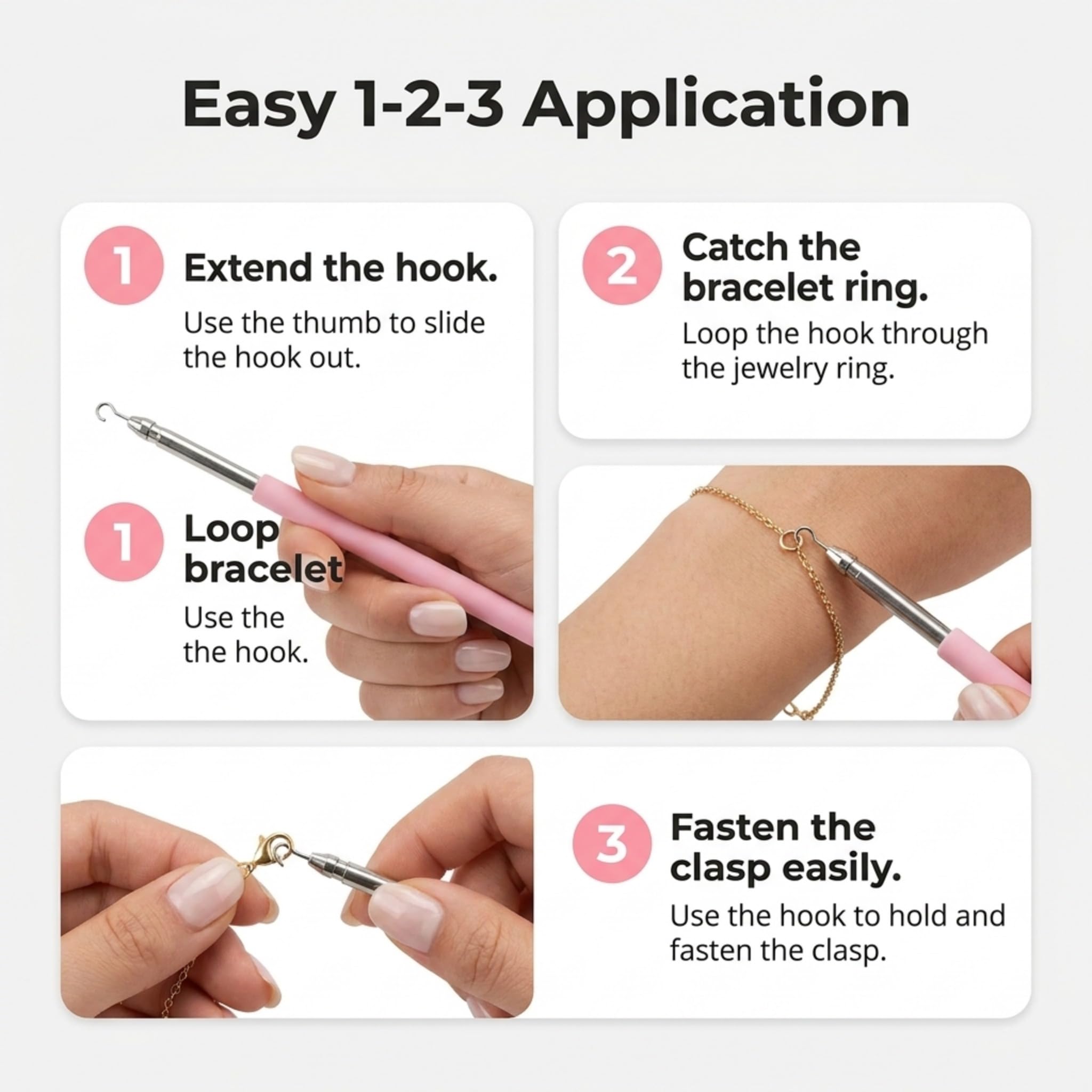 Charm Opener Retractable Jewelry Helper Hook, Purple, Bracelet Clasp Aid Put on your bracelet by yourself: retractable hook holds any lobster clasp ring steady so you can close it alone.