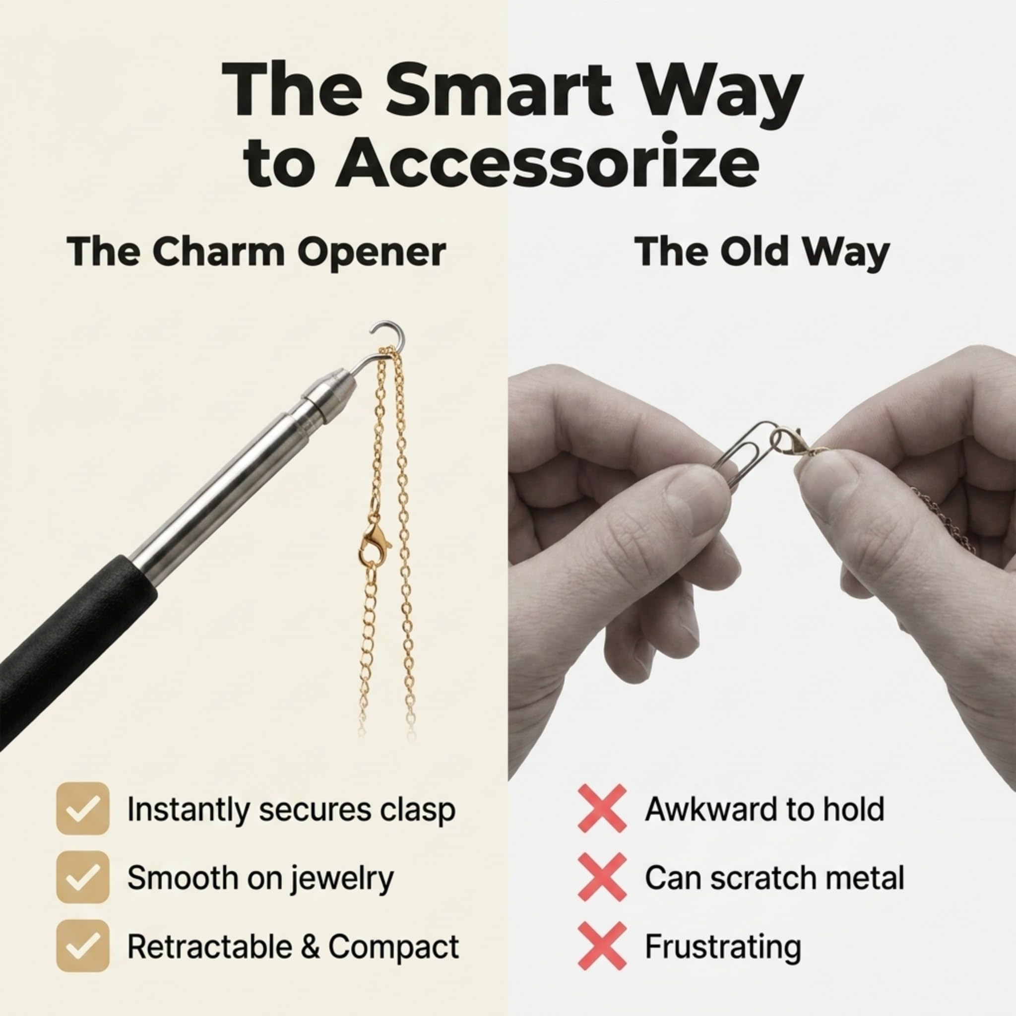 Charm Opener Retractable Jewelry Helper Hook, Black, Bracelet Clasp Aid Put on your bracelet by yourself: retractable hook holds any lobster clasp ring steady so you can close it alone.