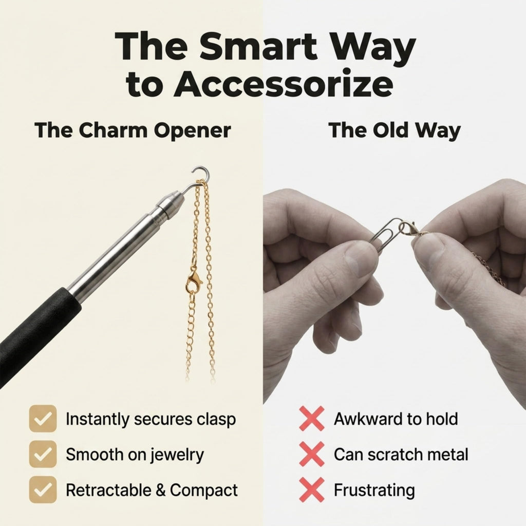 Charm Opener Retractable Jewelry Helper Hook, Purple, Bracelet Clasp Aid Put on your bracelet by yourself: retractable hook holds any lobster clasp ring steady so you can close it alone.