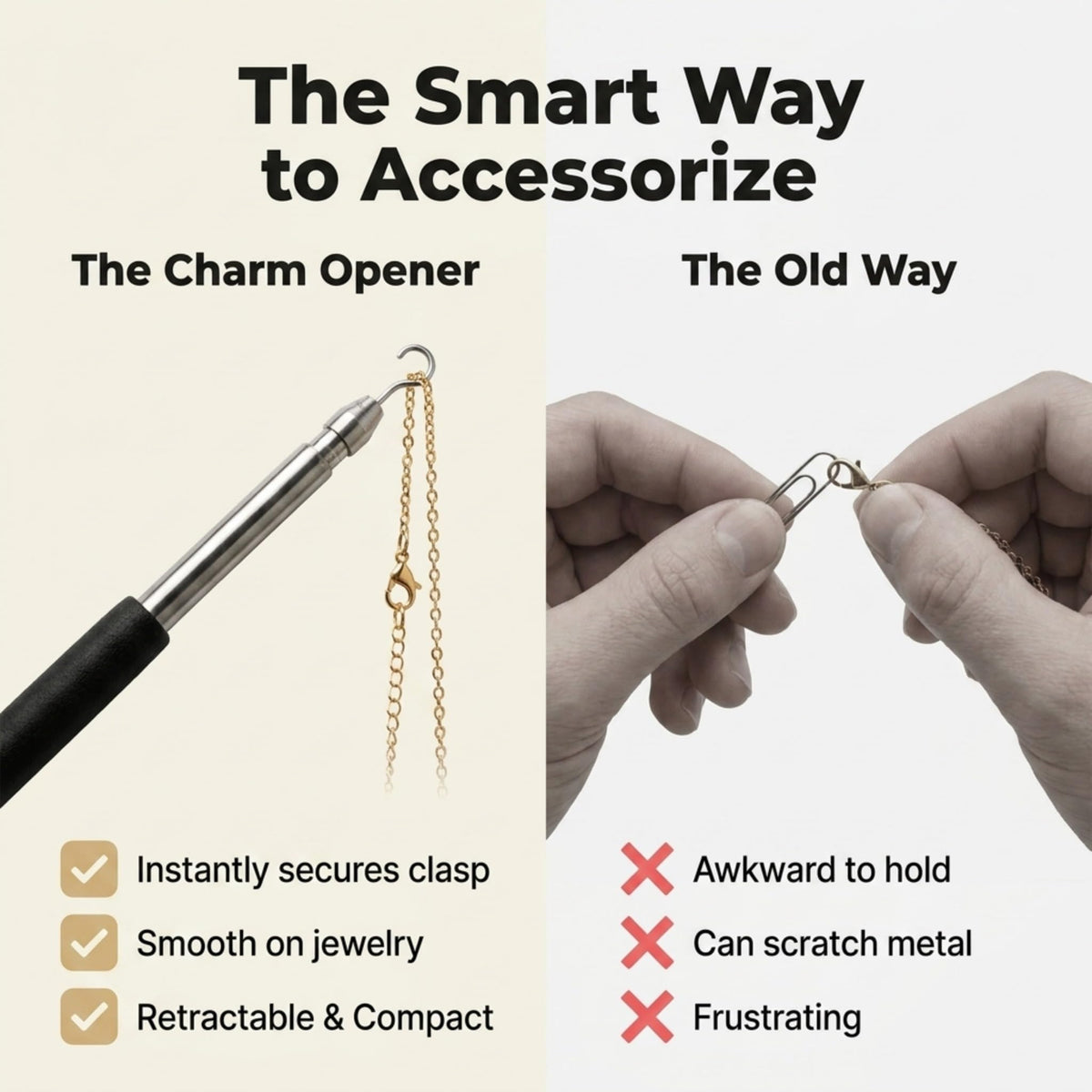 Charm Opener Retractable Jewelry Helper Hook, Purple, Bracelet Clasp Aid Put on your bracelet by yourself: retractable hook holds any lobster clasp ring steady so you can close it alone.