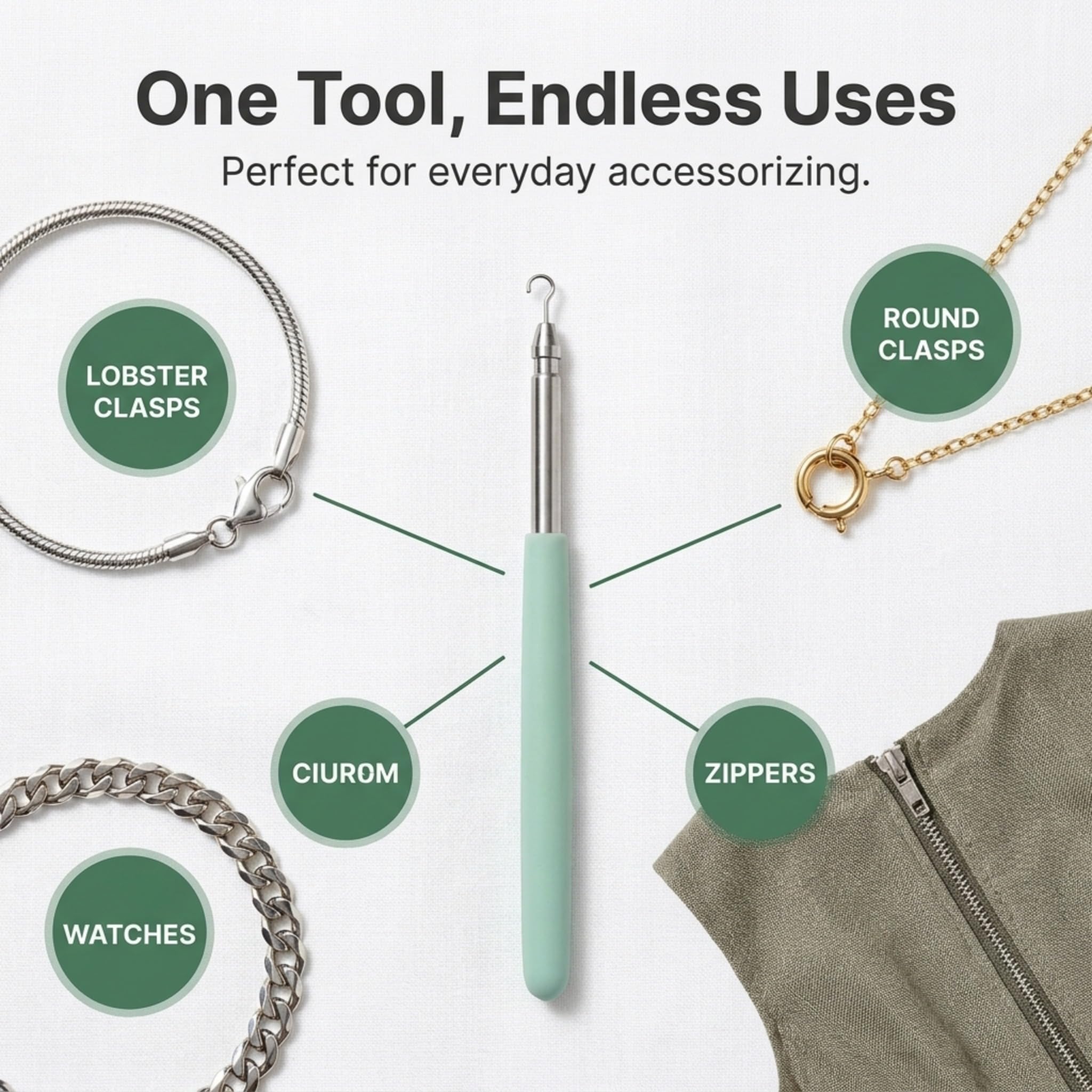 Charm Opener Retractable Jewelry Helper Hook, Green, Bracelet Clasp Aid Put on your bracelet by yourself: retractable hook holds any lobster clasp ring steady so you can close it alone.