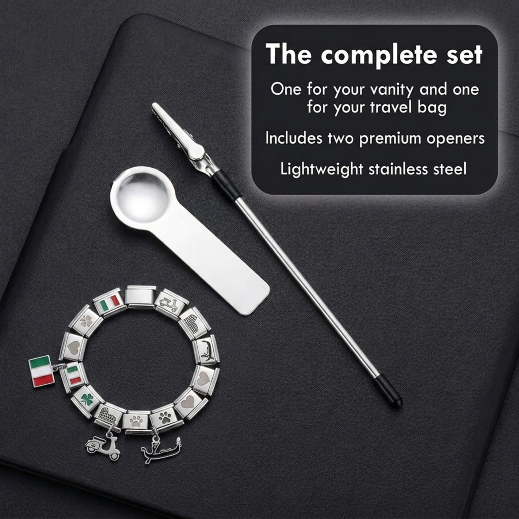 Charm Opener Italian Charm Bracelet Thumb Tool x2, Silver, 9mm Modular 3-piece set: Italian charm link opener and two retractable clasp hooks for bracelets, necklaces, and zippers, no help needed.