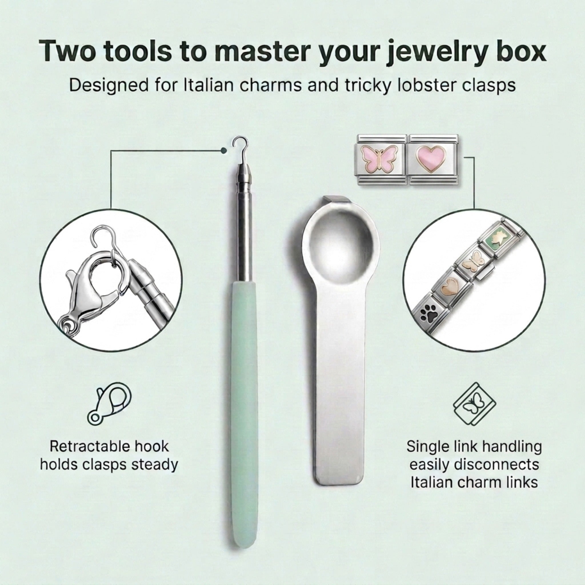 Charm Opener Italian Thumb Tool and Retractable Hook, 2-Piece Jewelry Set Set includes Italian charm tool for 9mm modular links and retractable jewelry helper hook for lobster clasp bracelets.